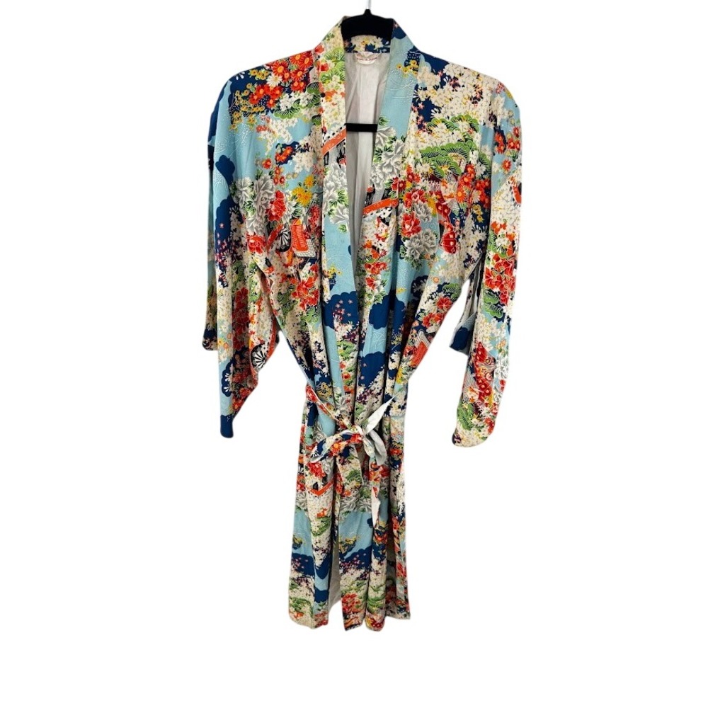 Vintage Made in Japan Blue Floral Kimono Robe Wrap with Belt Wide Sleeve